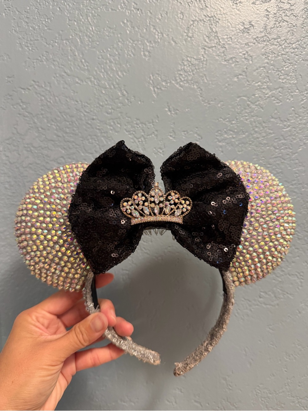 Handmade Custom Rhinestone Ear Headband with Black Sequin Bow